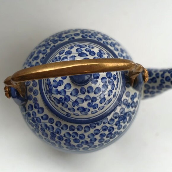 Oriental Style Blue & White Porcelain Teapot With Brass Handle Not Used VTG - Picture 6 of 12